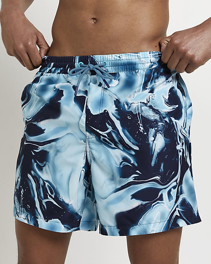 Blue skinny fit print swim shorts