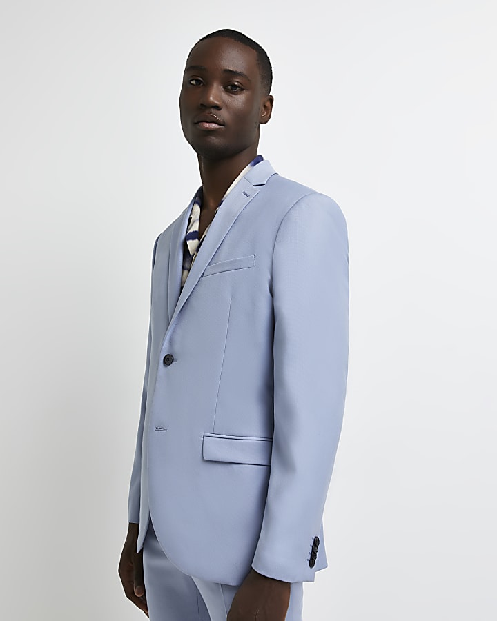 Blue skinny fit textured suit jacket