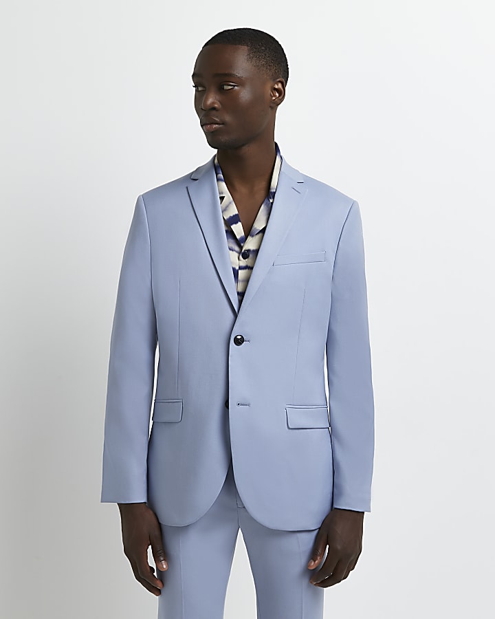 Blue skinny fit textured suit jacket