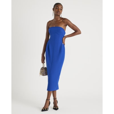 Blue Sleeveless Bodycon Bandeau Midi Dress