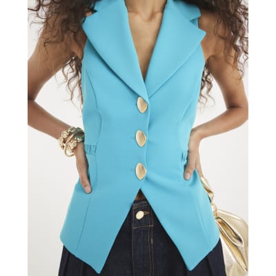 Blue Sleeveless Collared Elastic Waistcoat