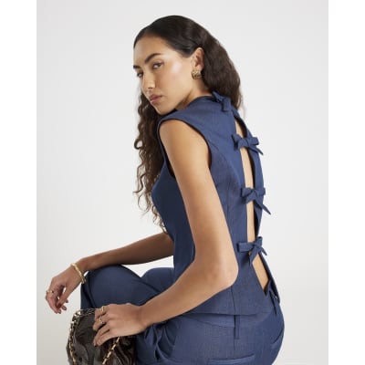 Blue Sleeveless Denim Bow Back Top