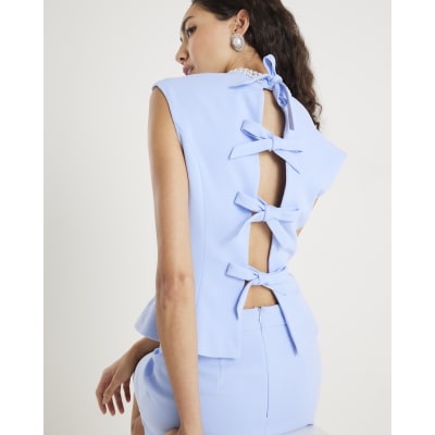 Blue Sleeveless Diamante Collar Bow Back Top