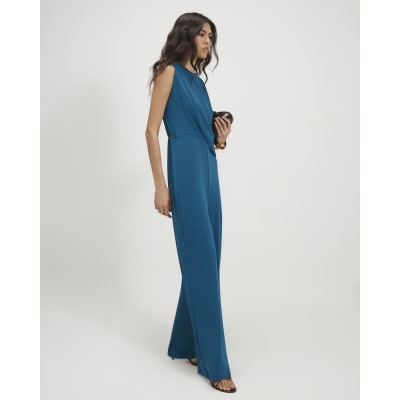 Blue Sleeveless Draped Jumpsuit