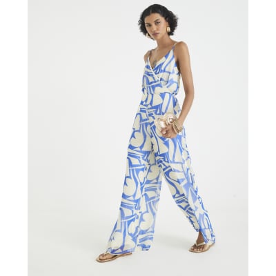 Blue Sleeveless Printed Jumpsuit