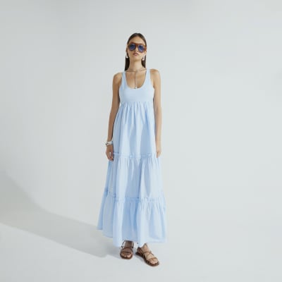 Blue Sleeveless Tiered Maxi Dress