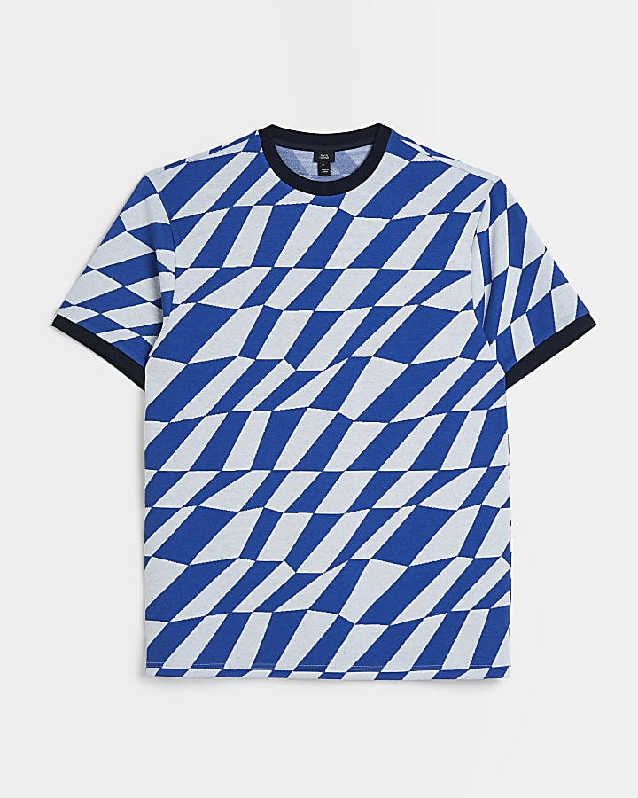 Blue slim  fit Jacquard print T-shirt