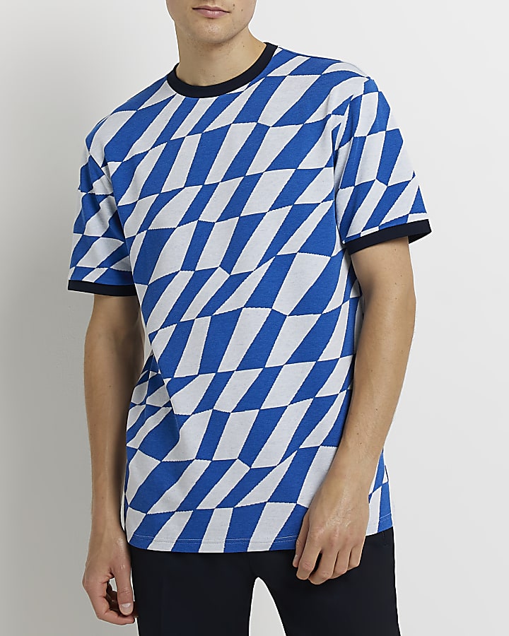 Blue slim  fit Jacquard print T-shirt