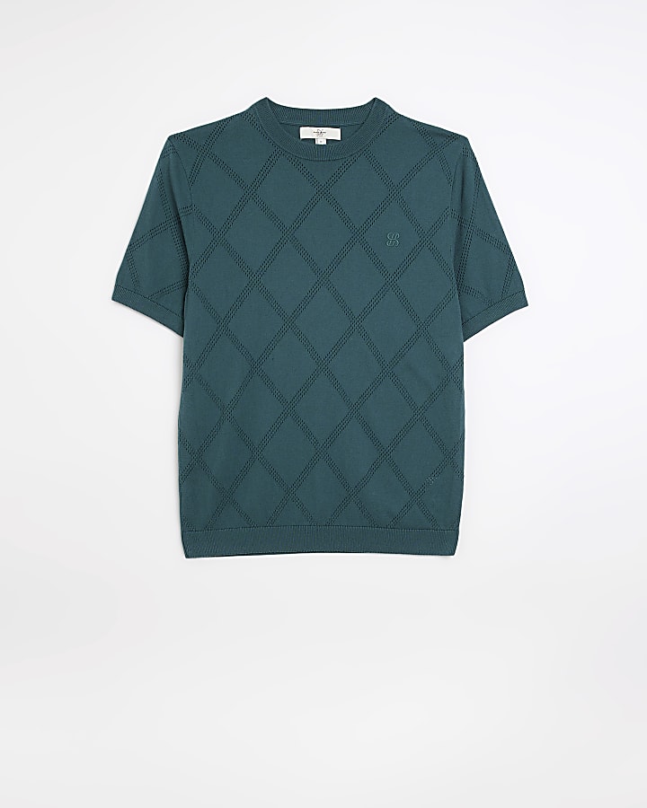 Blue slim fit argyle knitted t-shirt