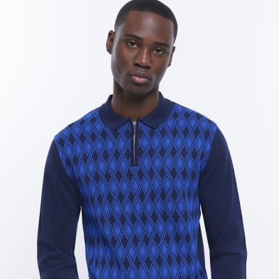 Blue slim fit argyle quarter zip polo shirt River Island