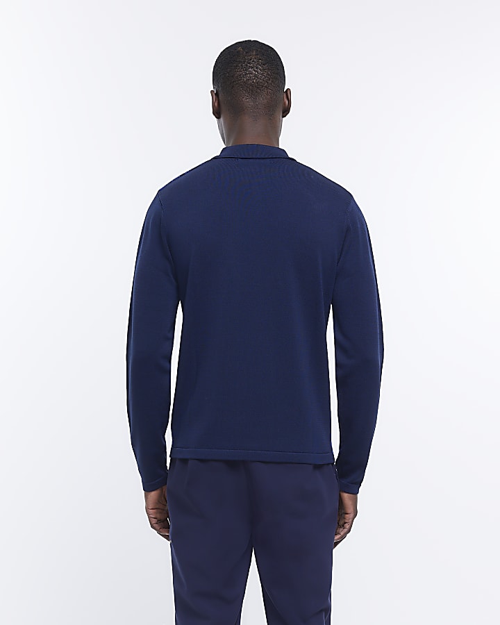 Blue slim fit argyle quarter zip polo shirt