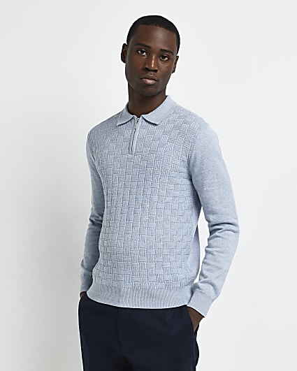 Blue slim fit basket weave knit polo shirt