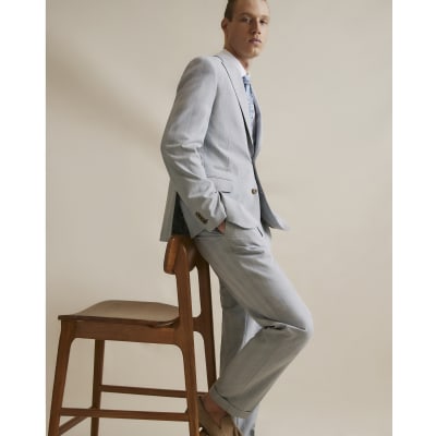 Blue Slim Fit Check Print Suit Trousers