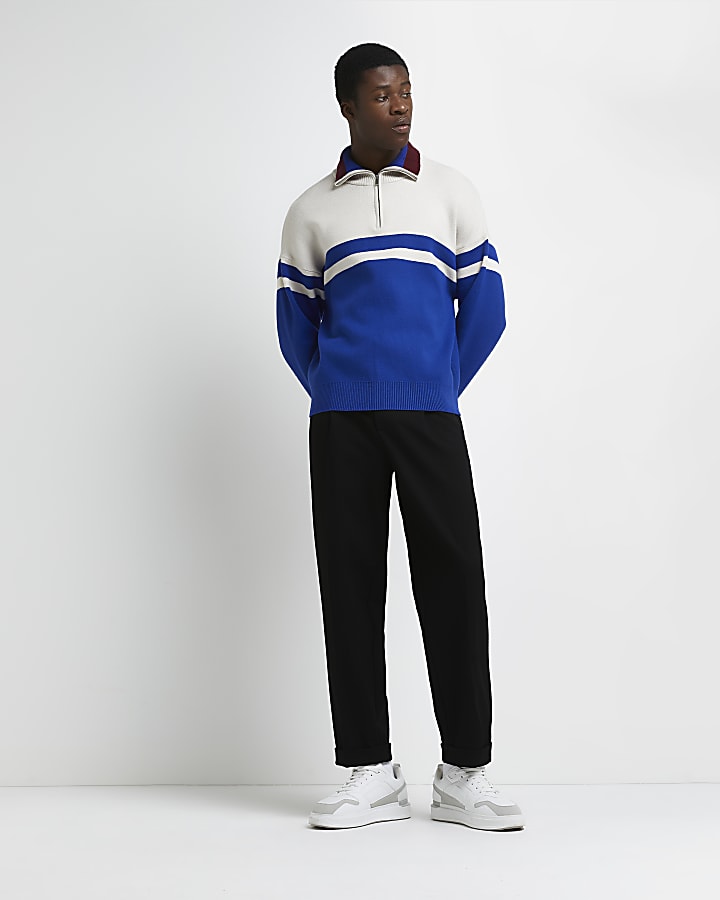 Blue slim fit colour block knitted jumper