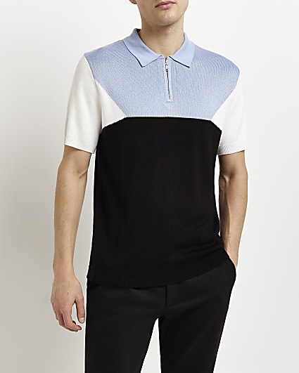 Blue Slim fit colour block knitted polo shirt