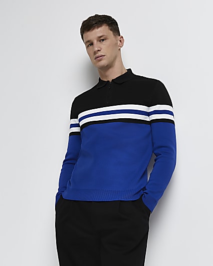 Blue slim fit colour block knitted polo shirt
