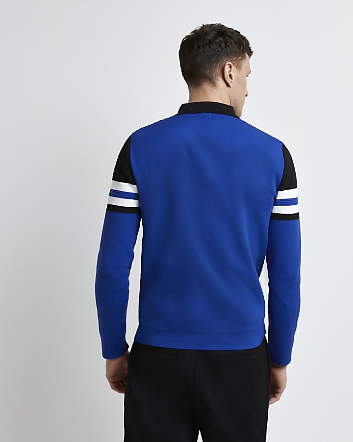 Blue slim fit colour block polo shirt