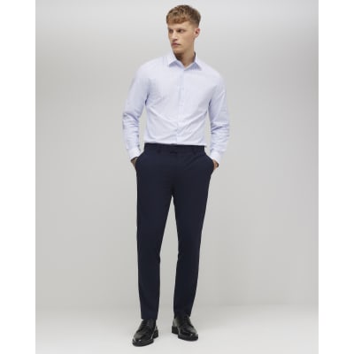 Blue Slim Fit Contrast Collar Stripe Shirt