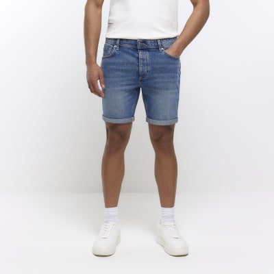 Blue slim fit faded denim shorts | River Island