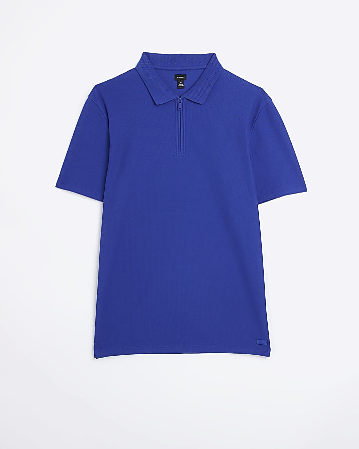 Blue slim fit honeycomb polo shirt