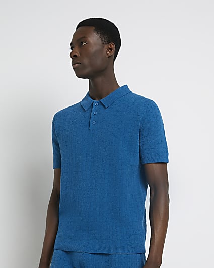 Blue slim fit knitted monogram polo shirt