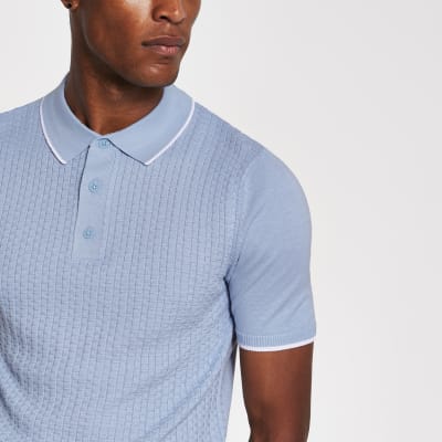 Blue slim fit knitted polo shirt River Island