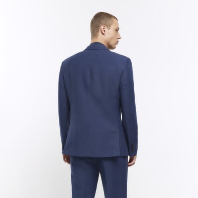 Blue slim fit linen blend suit jacket