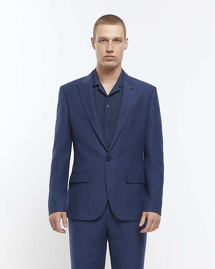 Blue slim fit linen blend suit jacket