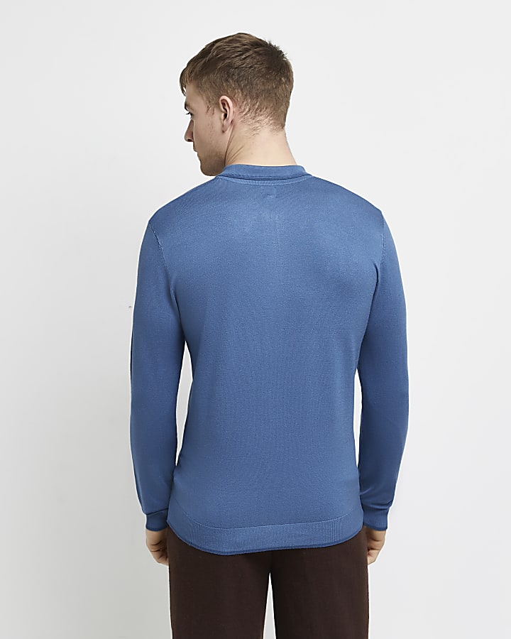 Blue slim fit long sleeve polo shirt