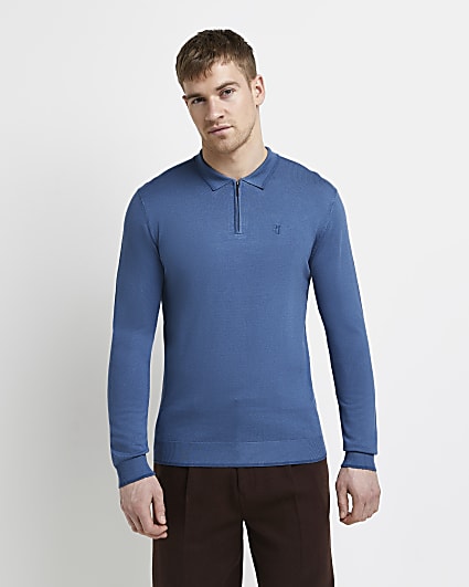 Blue slim fit long sleeve polo shirt