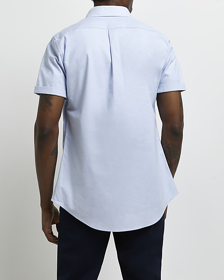 Blue slim fit short sleeve oxford shirt