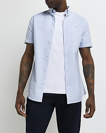 Blue slim fit short sleeve oxford shirt