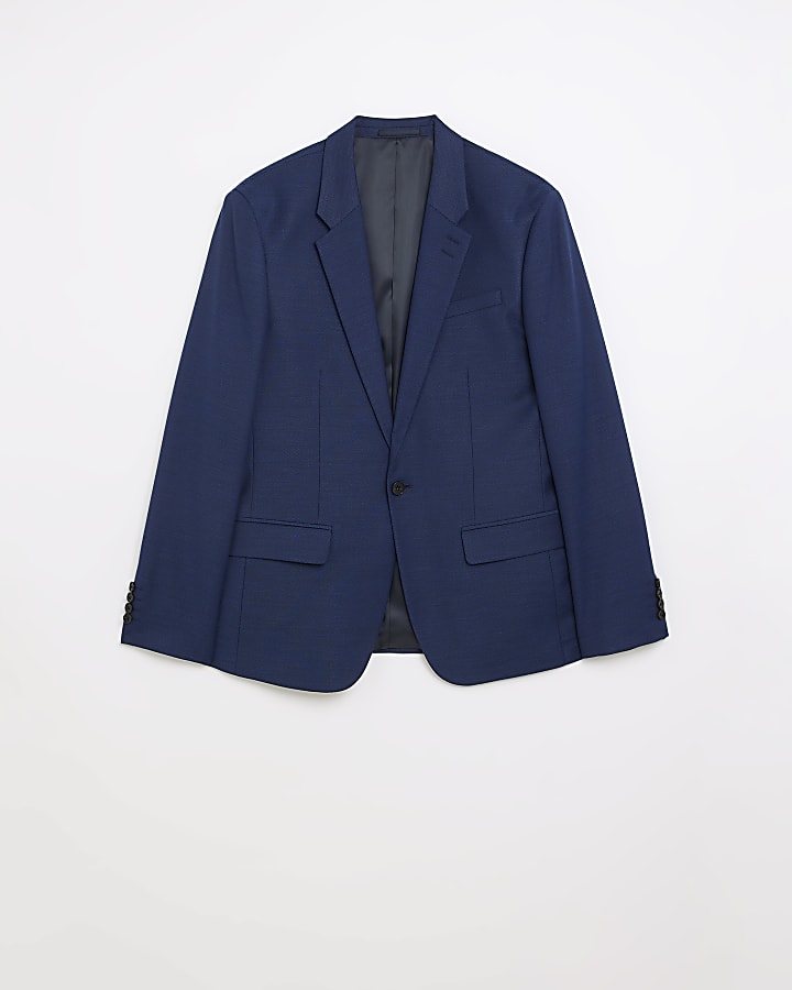 Blue slim fit single breasted suit jacket