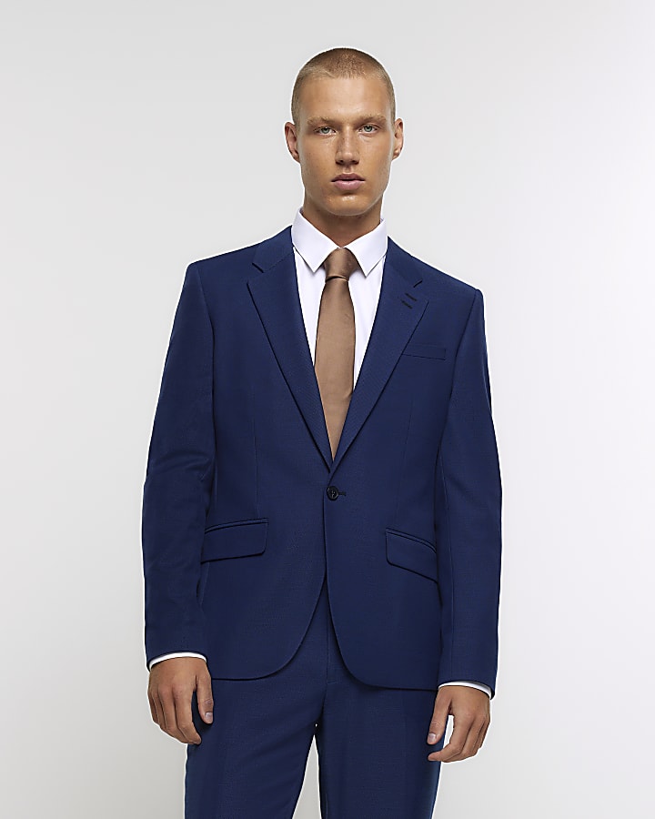 Blue slim fit single breasted suit jacket