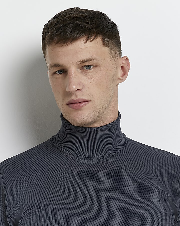 Blue slim fit smart knitted roll neck jumper