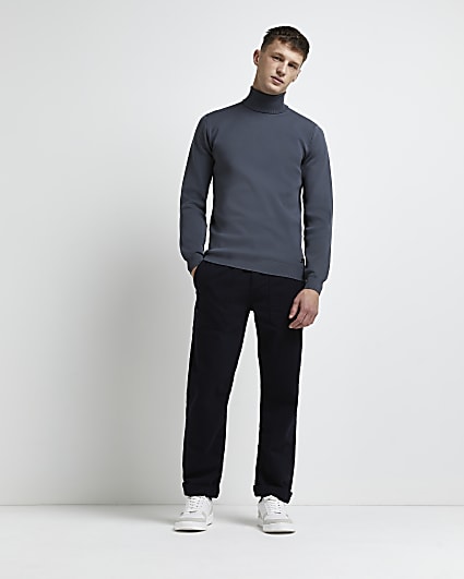 Blue slim fit smart knitted roll neck jumper