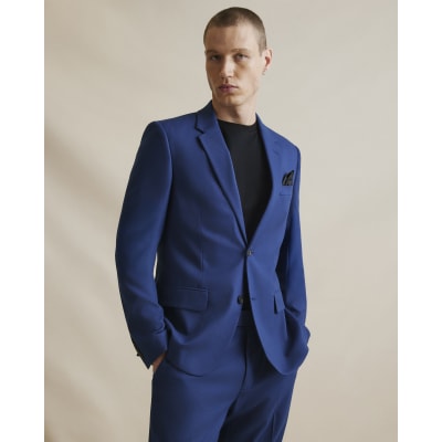 River Island Blue Slim Fit Stretch Textured Suit Jacket