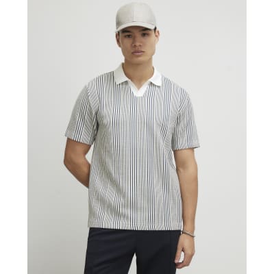 Blue Slim Fit Stripe Open Neck Polo Shirt