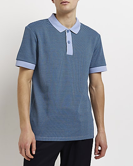 Blue slim fit textured check polo shirt