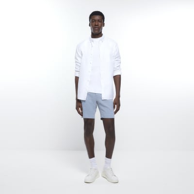 Blue slim fit textured smart shorts