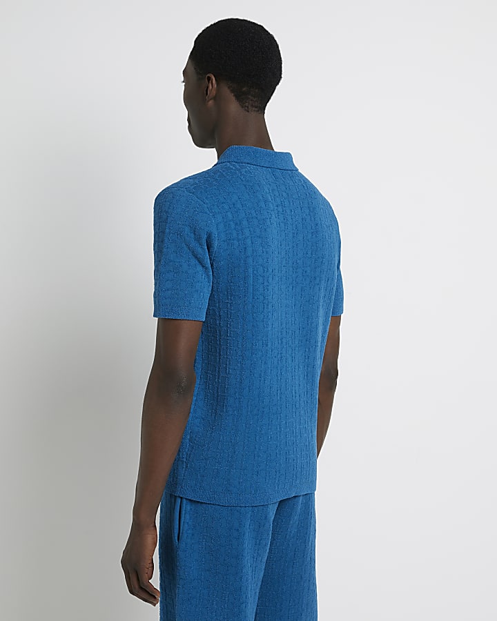 Blue slim fit towelling monogram polo shirt