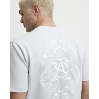Blue Slim Fit Twill AS Embroidered T-Shirt