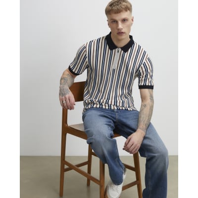 Blue Slim Fit Zip Neck Stripe Polo Shirt