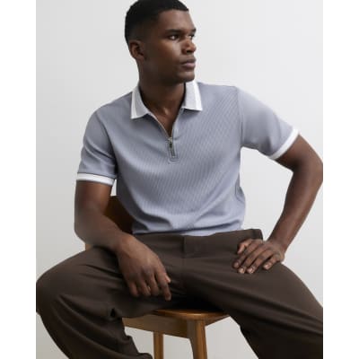 Blue Slim Fit Zip Neck Waffle Polo Shirt