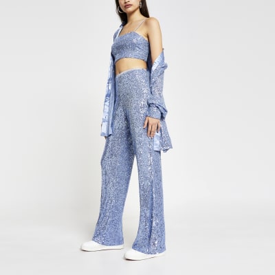 Blue slim sequin trousers