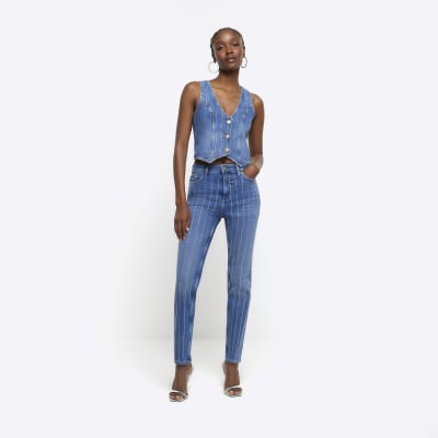 Blue slim straight diamante jeans River Island