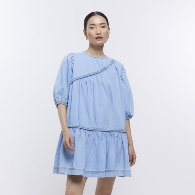 Blue smock denim mini dress | River Island