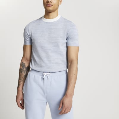 Blue space dye muscle fit knitted t-shirt