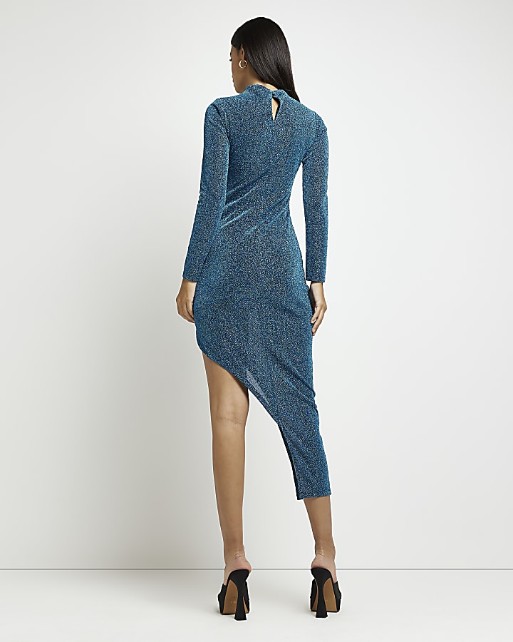 Blue sparkly ruched bodycon midi dress