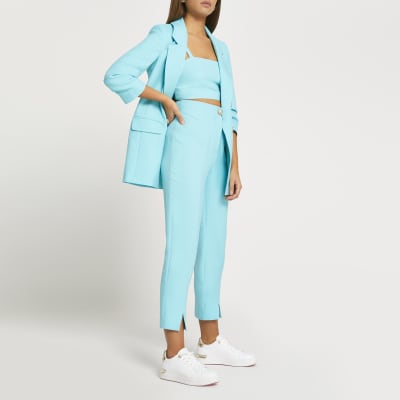 Blue split front cigarette leg trousers
